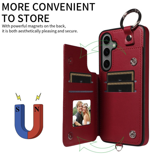 For Samsung Galaxy S24+ 5G Rhombic Texture Card Bag Phone Case with Short Lanyard(Wine Red)