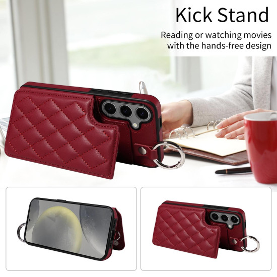 For Samsung Galaxy S24+ 5G Rhombic Texture Card Bag Phone Case with Short Lanyard(Wine Red)