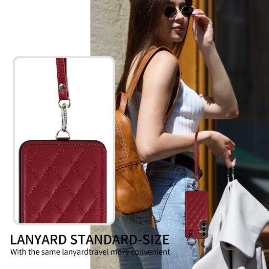 For Samsung Galaxy S24+ 5G Rhombic Texture Card Bag Phone Case with Short Lanyard(Wine Red)