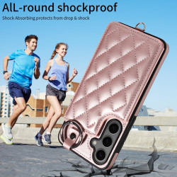For Samsung Galaxy S24+ 5G Rhombic Texture Card Bag Phone Case with Short Lanyard(Rose Gold)