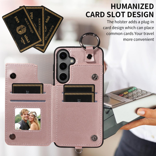 For Samsung Galaxy S24+ 5G Rhombic Texture Card Bag Phone Case with Short Lanyard(Rose Gold)