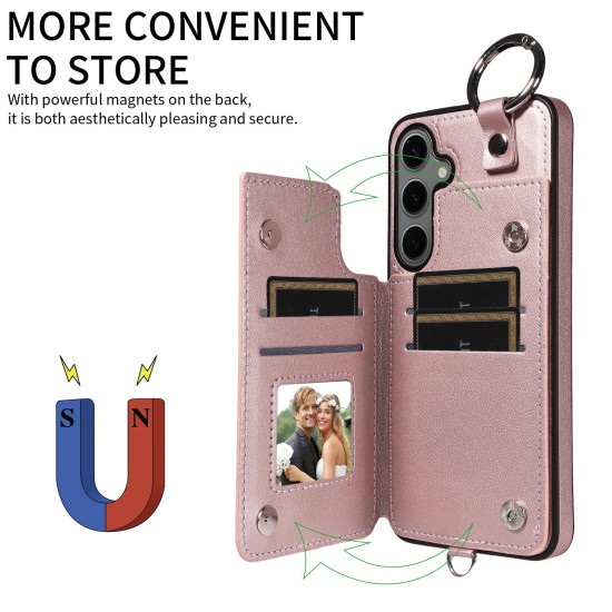For Samsung Galaxy S24+ 5G Rhombic Texture Card Bag Phone Case with Short Lanyard(Rose Gold)