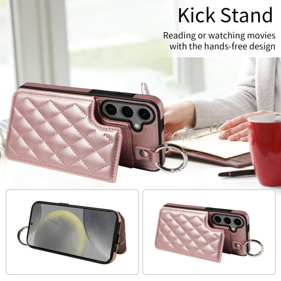 For Samsung Galaxy S24+ 5G Rhombic Texture Card Bag Phone Case with Short Lanyard(Rose Gold)