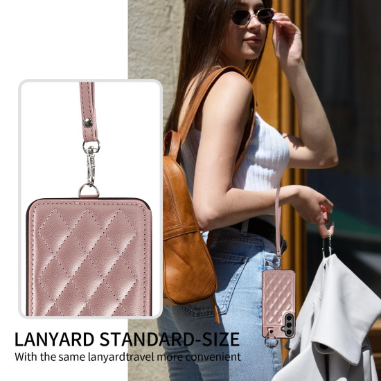 For Samsung Galaxy S24+ 5G Rhombic Texture Card Bag Phone Case with Short Lanyard(Rose Gold)