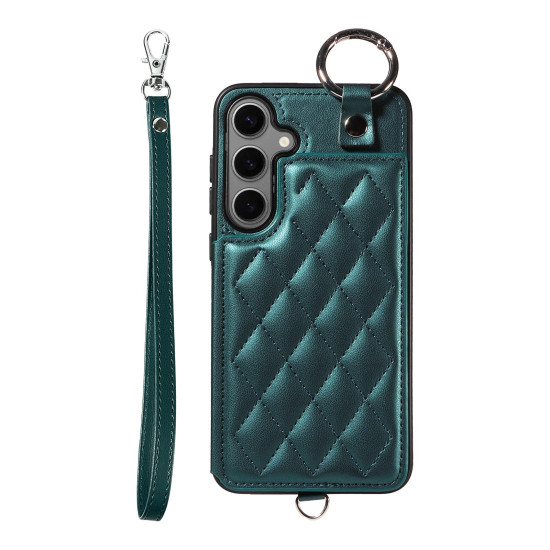 For Samsung Galaxy S24+ 5G Rhombic Texture Card Bag Phone Case with Short Lanyard(Green)