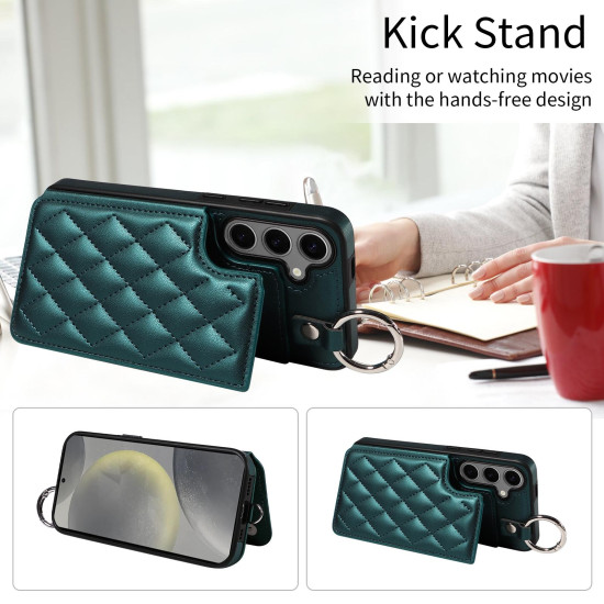 For Samsung Galaxy S24+ 5G Rhombic Texture Card Bag Phone Case with Short Lanyard(Green)