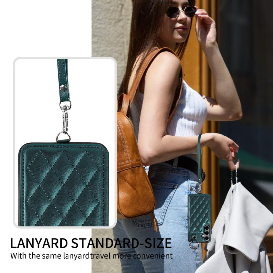 For Samsung Galaxy S24+ 5G Rhombic Texture Card Bag Phone Case with Short Lanyard(Green)