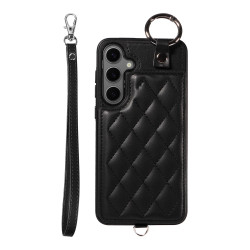 For Samsung Galaxy S24+ 5G Rhombic Texture Card Bag Phone Case with Short Lanyard(Black)