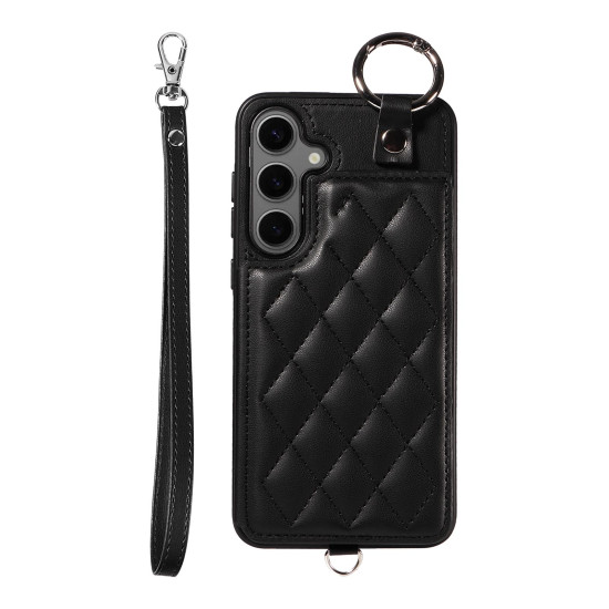 For Samsung Galaxy S24+ 5G Rhombic Texture Card Bag Phone Case with Short Lanyard(Black)