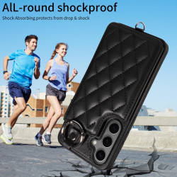 For Samsung Galaxy S24+ 5G Rhombic Texture Card Bag Phone Case with Short Lanyard(Black)