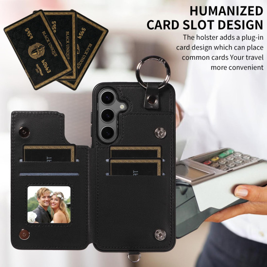For Samsung Galaxy S24+ 5G Rhombic Texture Card Bag Phone Case with Short Lanyard(Black)