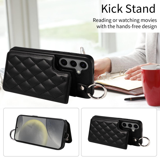 For Samsung Galaxy S24+ 5G Rhombic Texture Card Bag Phone Case with Short Lanyard(Black)