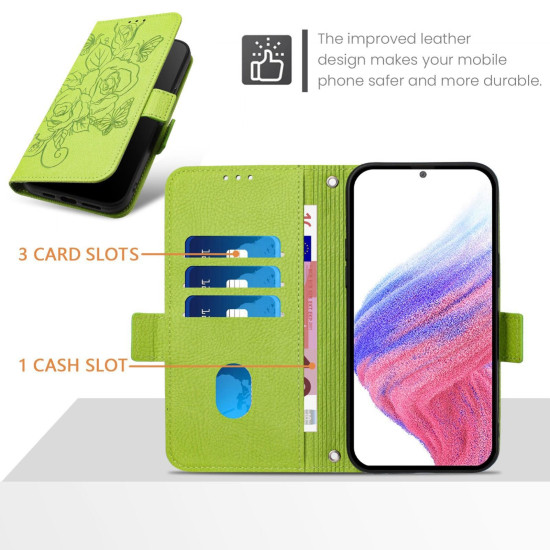 For Samsung Galaxy S24+ 5G Embossed Rose RFID Anti-theft Leather Phone Case(Green)