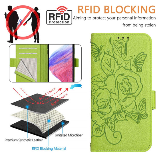 For Samsung Galaxy S24+ 5G Embossed Rose RFID Anti-theft Leather Phone Case(Green)