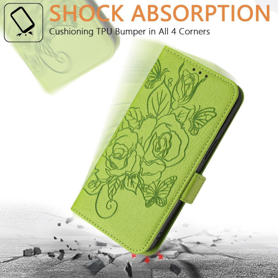For Samsung Galaxy S24+ 5G Embossed Rose RFID Anti-theft Leather Phone Case(Green)