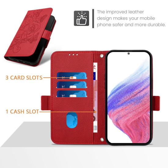 For Samsung Galaxy S24+ 5G Embossed Rose RFID Anti-theft Leather Phone Case(Red)