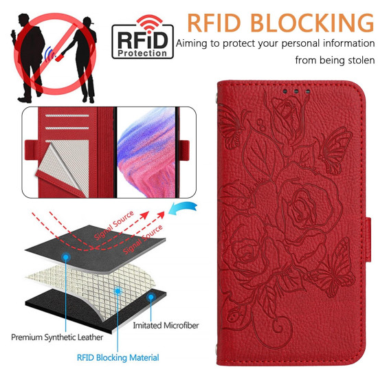 For Samsung Galaxy S24+ 5G Embossed Rose RFID Anti-theft Leather Phone Case(Red)