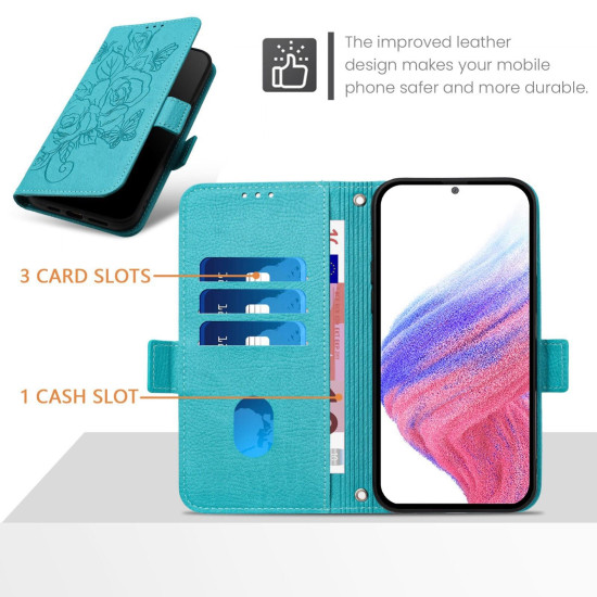 For Samsung Galaxy S24+ 5G Embossed Rose RFID Anti-theft Leather Phone Case(Light Blue)