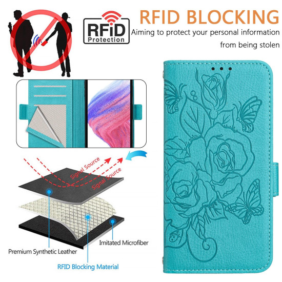 For Samsung Galaxy S24+ 5G Embossed Rose RFID Anti-theft Leather Phone Case(Light Blue)