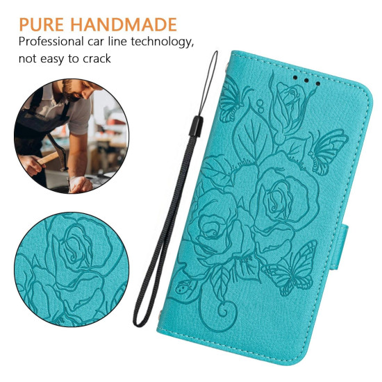 For Samsung Galaxy S24+ 5G Embossed Rose RFID Anti-theft Leather Phone Case(Light Blue)