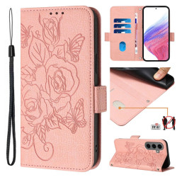 For Samsung Galaxy S24+ 5G Embossed Rose RFID Anti-theft Leather Phone Case(Pink)