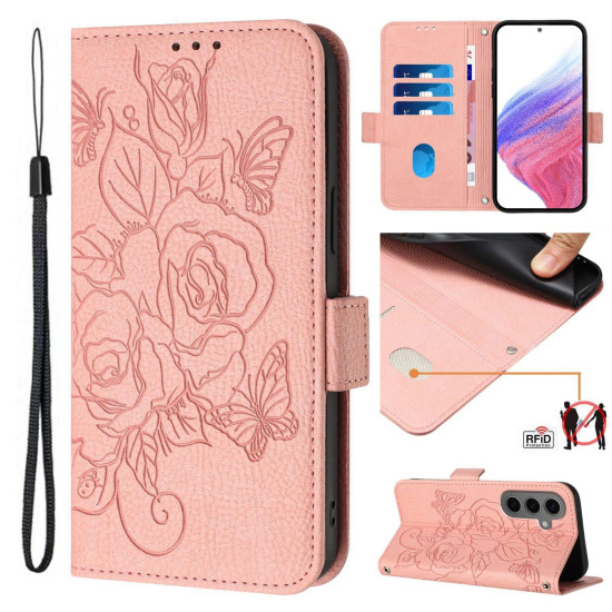 For Samsung Galaxy S24+ 5G Embossed Rose RFID Anti-theft Leather Phone Case(Pink)