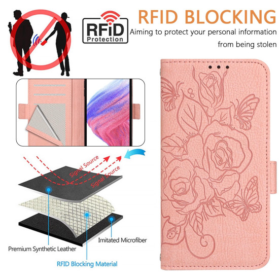 For Samsung Galaxy S24+ 5G Embossed Rose RFID Anti-theft Leather Phone Case(Pink)