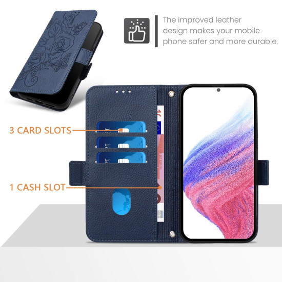 For Samsung Galaxy S24+ 5G Embossed Rose RFID Anti-theft Leather Phone Case(Dark Blue)