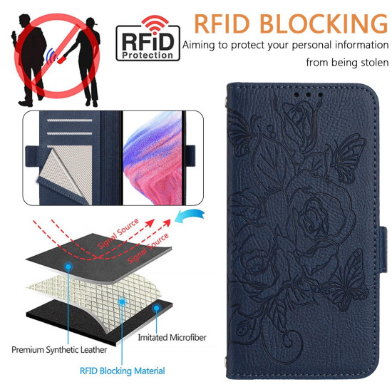 For Samsung Galaxy S24+ 5G Embossed Rose RFID Anti-theft Leather Phone Case(Dark Blue)