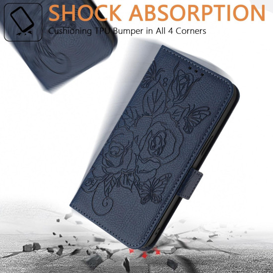 For Samsung Galaxy S24+ 5G Embossed Rose RFID Anti-theft Leather Phone Case(Dark Blue)