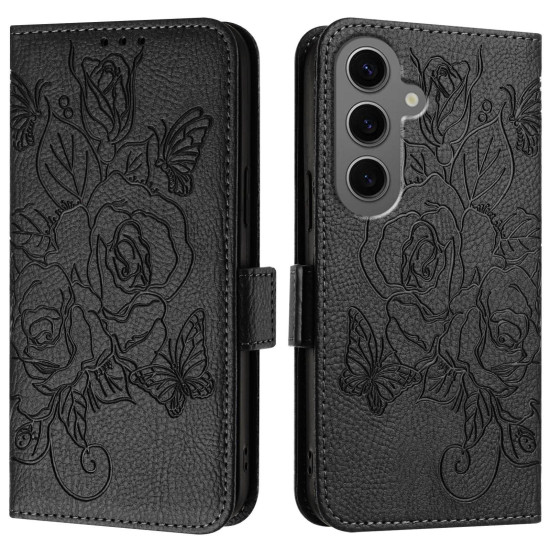 For Samsung Galaxy S24+ 5G Embossed Rose RFID Anti-theft Leather Phone Case(Black)