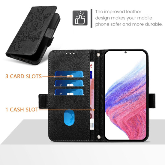 For Samsung Galaxy S24+ 5G Embossed Rose RFID Anti-theft Leather Phone Case(Black)