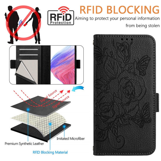 For Samsung Galaxy S24+ 5G Embossed Rose RFID Anti-theft Leather Phone Case(Black)