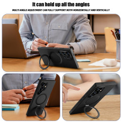For Samsung Galaxy S24+ 5G MagSafe Rotation Holder PC + Leather Phone Case(White)