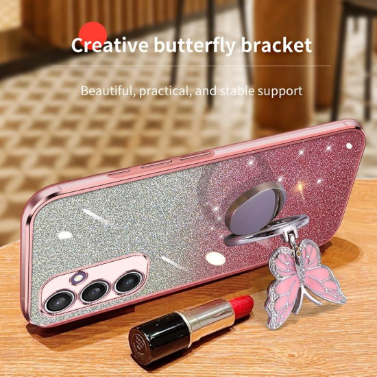 For Samsung Galaxy S24+ 5G Plated Gradient Glitter Butterfly Holder TPU Phone Case(Pink)