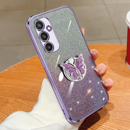 For Samsung Galaxy S24+ 5G Plated Gradient Glitter Butterfly Holder TPU Phone Case(Purple)