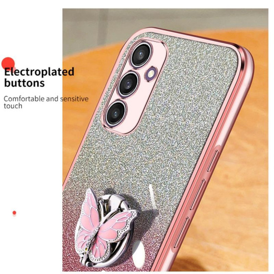 For Samsung Galaxy S24+ 5G Plated Gradient Glitter Butterfly Holder TPU Phone Case(Silver)