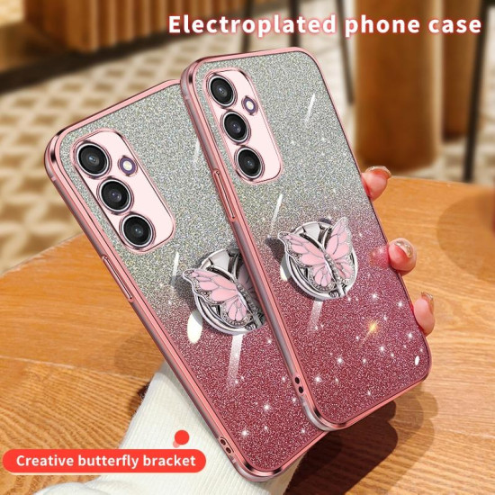 For Samsung Galaxy S24+ 5G Plated Gradient Glitter Butterfly Holder TPU Phone Case(Sierra Blue)