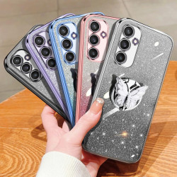 For Samsung Galaxy S24+ 5G Plated Gradient Glitter Butterfly Holder TPU Phone Case(Black)