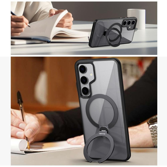 For Samsung Galaxy S24+ 5G Transparent MagSafe Magnetic Rotating Ring Holder Phone Case(Black)