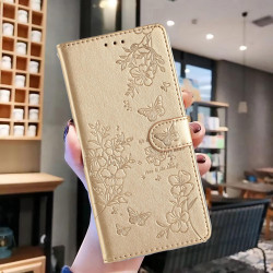 For Samsung Galaxy S24+ 5G Butterflies and Flowers Leather Phone Case(Gold)