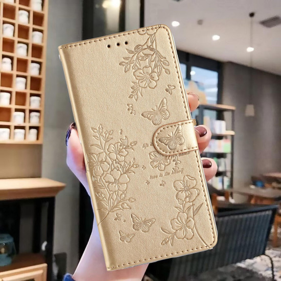 For Samsung Galaxy S24+ 5G Butterflies and Flowers Leather Phone Case(Gold)