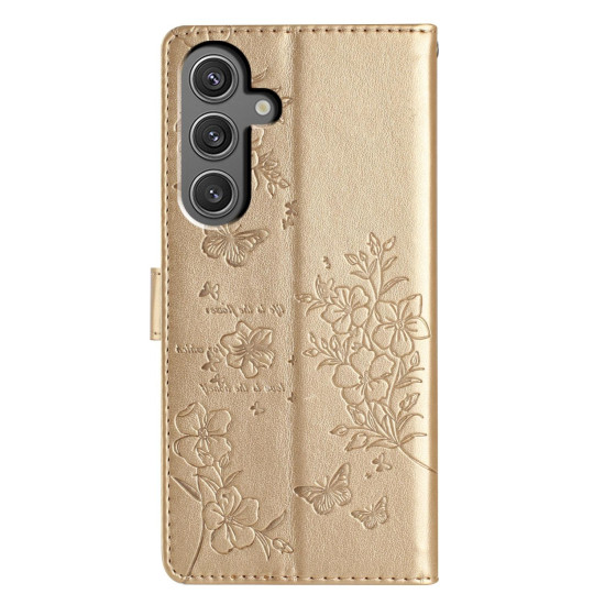 For Samsung Galaxy S24+ 5G Butterflies and Flowers Leather Phone Case(Gold)