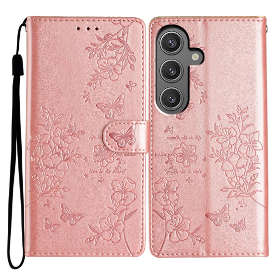 For Samsung Galaxy S24+ 5G Butterflies and Flowers Leather Phone Case(Rose Gold)