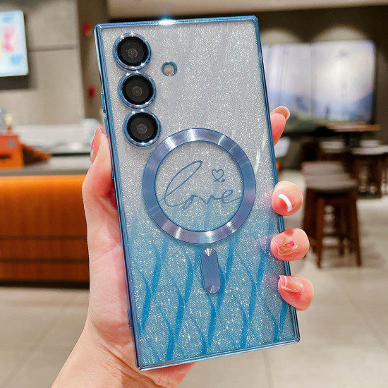 For Samsung Galaxy S24+ 5G Dual-Love Leaves Gradient Glitter MagSafe TPU Phone Case(Blue)