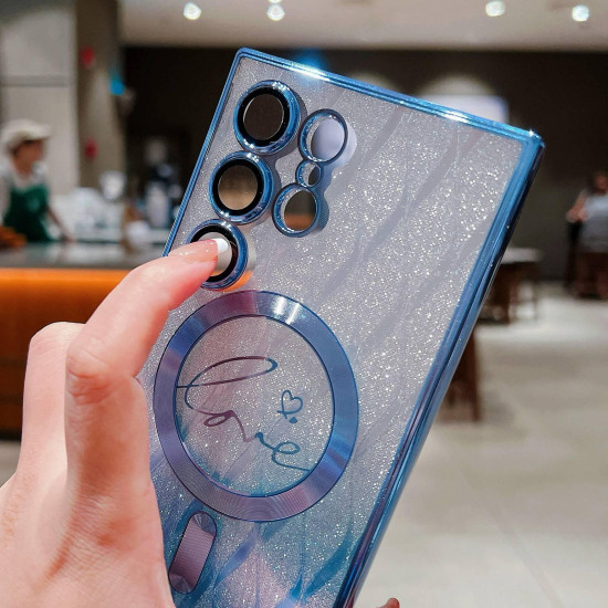 For Samsung Galaxy S24+ 5G Dual-Love Leaves Gradient Glitter MagSafe TPU Phone Case(Blue)