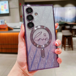 For Samsung Galaxy S24+ 5G Dual-Love Leaves Gradient Glitter MagSafe TPU Phone Case(Purple)