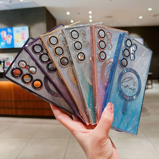 For Samsung Galaxy S24+ 5G Dual-Love Leaves Gradient Glitter MagSafe TPU Phone Case(Purple)