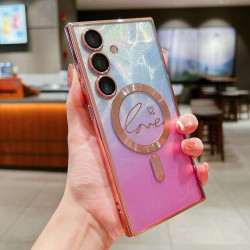 For Samsung Galaxy S24+ 5G Dual-Love Feather Gradient Glitter MagSafe TPU Phone Case(Pink)