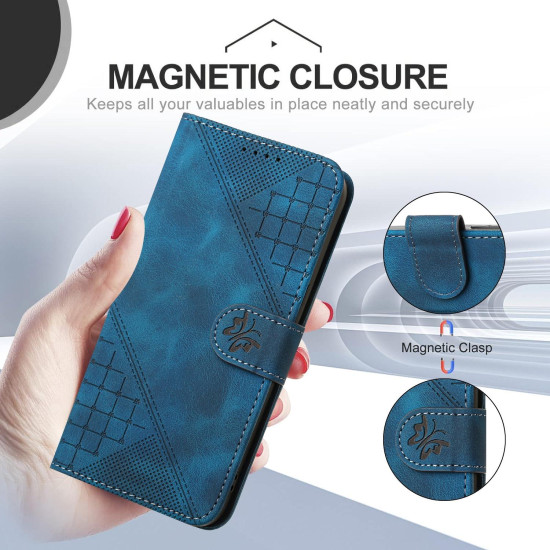 For Samsung Galaxy S24+ 5G YX0080 Grid Butterfly Embossed Pattern Flip Leather Phone Case with Lanyard(Dark Blue)